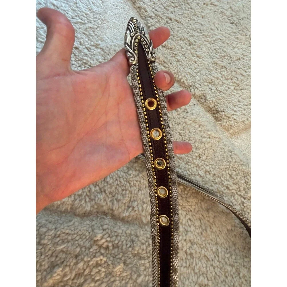 Vintage Mixed Metal Silver Mesh Dark Brown Leather Western Belt Gold Grommets